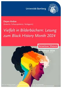 Poster fr eine Veranstaltung zum Black History Month mit Sprecherin, Autorin und Verlegerin Dayan Kodua. Neben den Daten zur Veranstaltung zeigt das Poster eine schwarze Person im Profil. Teile ihrer Haare sind in Regenbogenfarben gemalt.