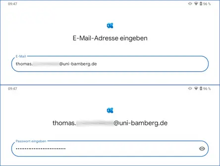 Eingabe E-Mail-Adresse und des Kennwortes