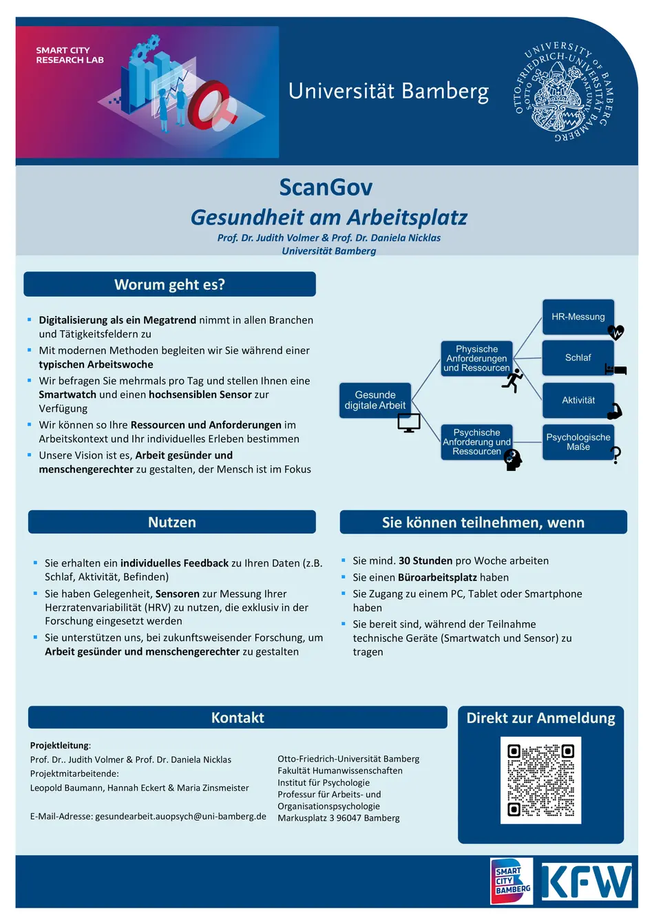 Dieses Poster kl?rt darber auf worum es beim Projekt ScanGov - Gesundheit am Arbeitsplatz geht. Der angestrebte Nutzen wird erkl?rt. Schlie?lich wird erkl?rt, wie Sie am Projekt teilnehmen k?nnen. In der Ecke unten rechts befindet sich ein QR Code direkt zur Anmeldung am Projekt.