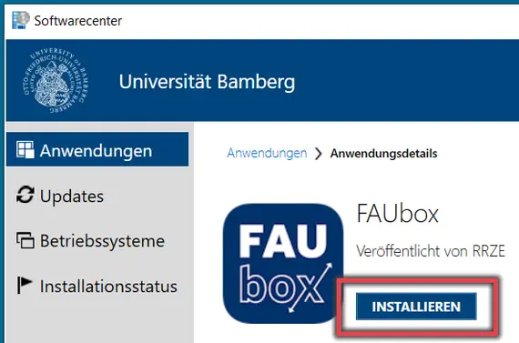 Ansicht Zeigt die Installation der FAUbox im Softwarecenter