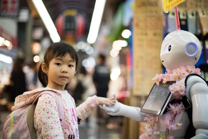 Ein kleines M?dchen gibt einem Roboter die Hand.