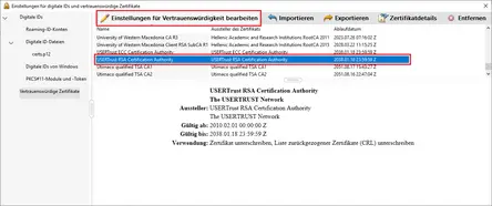 Ansicht Einstellungen fr digitale IDs und vertrauenswrdige Zertifikate