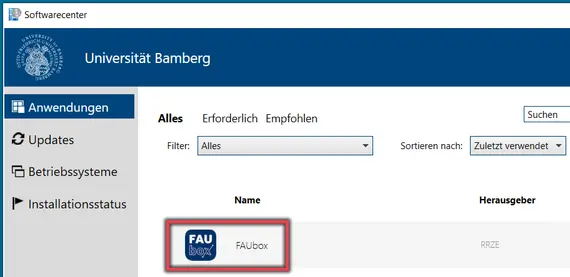 Ansicht Zeigt das Softwarecenter mit der zu installierbaren FAUbox